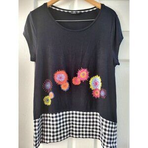 Desigual Womens black Fire works tunic top white black check border size XL boho
